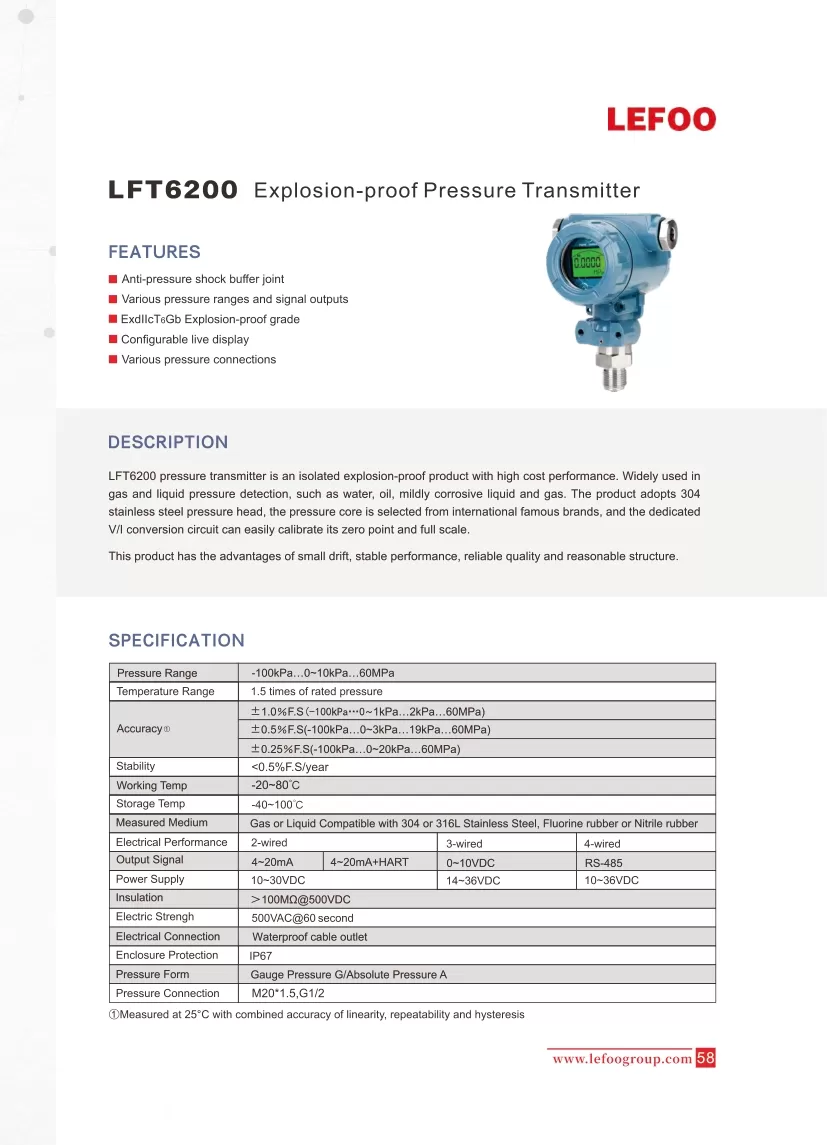 LEFOO LFT6200 폭발 방지 압력 송신기